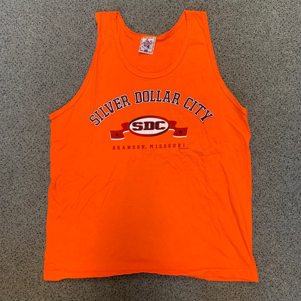 Vintage Silver Dollar City Tank Top Orange Branson Missouri 2001 Alore Mens L
